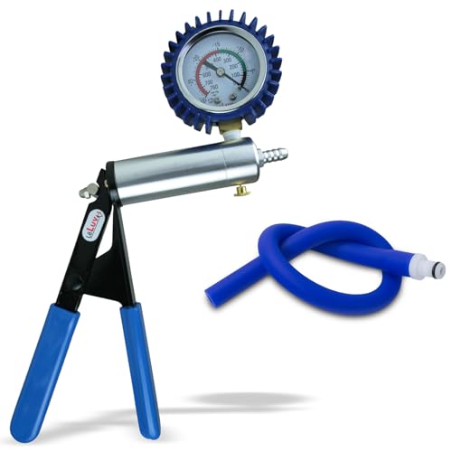LeLuv Ultima Blue Vacuum Pump - Aluminum Alloy Silver Handle Manual Hand Vacuum (0-30 Hg, 0-760 mmHg), Gauge Installed with Protective Rubber Cover, Silicone Padded Grips with Hose &amp; Fitting