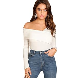 Romwe-Womens-Casual-Cross-Off-Shoulder-Deep-V-Neck-Ribbed-Knit-Slim-Wrap-Tee-Shirt-Blouse ROMWE Women's Slim Cross Wrap Asymmetrical Neck Solid Ribbed Knit Tee Shirt Blouse White Medium