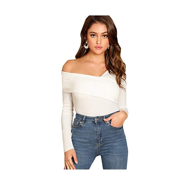 Romwe-Womens-Casual-Cross-Off-Shoulder-Deep-V-Neck-Ribbed-Knit-Slim-Wrap-Tee-Shirt-Blouse ROMWE Women's Slim Cross Wrap Asymmetrical Neck Solid Ribbed Knit Tee Shirt Blouse White Medium