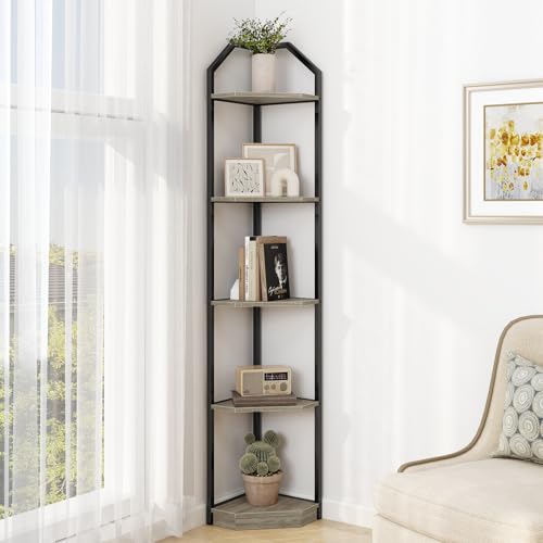 Image of 5 Tier Corner Wall Shelf Stand, 70" Metal Corner Shelves Bookshelf Display Shelf for Living Room Decor, Tall Plant Stand Multi Unit Organizer, Standing Shelf for Bedroom,Bathroom,Small Space (Grey)