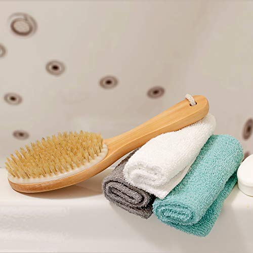 Dry Brushing Body Brush Set with 100% Natural Boar Bristles (Set of 3) | Skin Exfoliating Kit with Long Detachable Back Brush, Contour Body and Face Brushes | Lymphatic Drainage, Cellulite Treatment