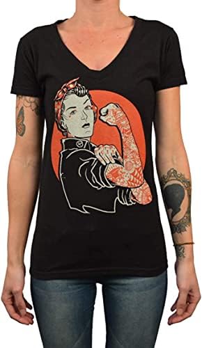 Black Market Art Company Women's We Can Do It by Adi Punk Edit Tattooed Rosie The Riveter V-Neck T-Shirt Black
