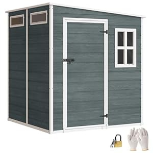 Outsunny Gerätehaus 2, 89 m² Geräteschuppen mit Holzoptik 3 Fenster 182 x 182 x 196 cm Kunststoff Gartenschuppen mit Belüftung Boden Schloss Handschuhe, Gartenhaus für Werkzeuge Fahrrad Grau