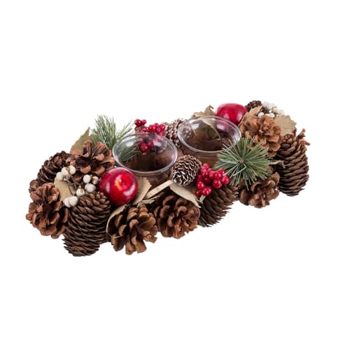 Centro de Mesa de Navidad con 2 portavelas piñas y Acebo de 30x15x9 cm