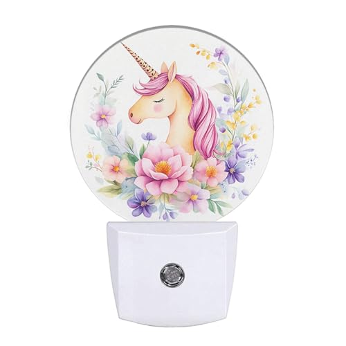 Image of EKOBLA Unicorn Night Light, Pink Unicorn Among Flowers Night Lights Plug Into Wall with Auto On /Off Sensor for Girls Bedroom, Nursery and Indoor Home Decor