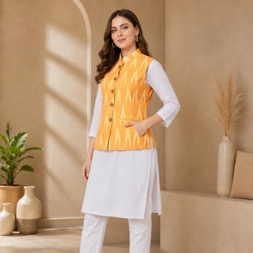 Image of Vastraa Fusion Women's Ikat Cotton Nehru Jacket Printed Waistcoat Sleeveless Mandarin Collar Button Front Ethnic Casual Wear