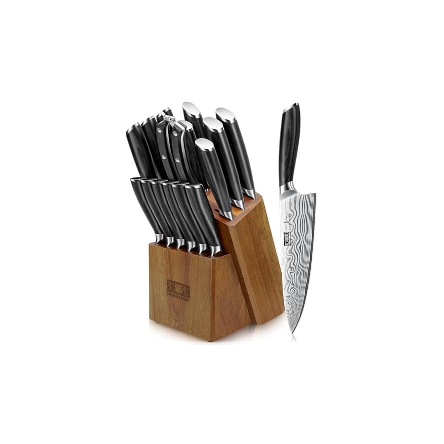 HOSHANHO 16-Piece Knife Set with Block, Ultra Sharp High Carbon Powder Steel Knife Block Set, Chef Knife Set Professional Kitchen Knives Set with Sharpener and Pakkawood Handle