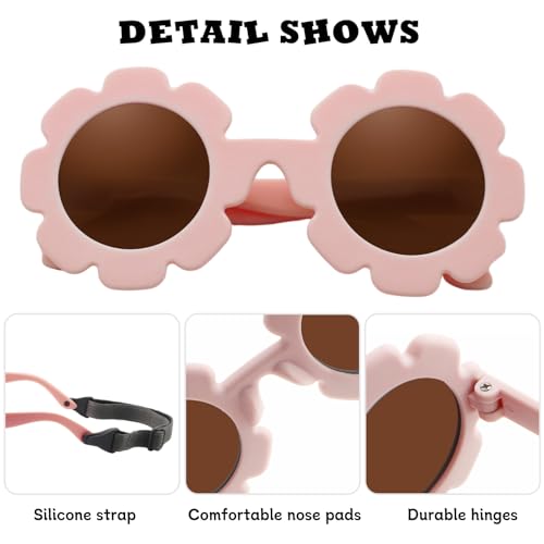 LOJUDI Sonnenbrille Baby Polarisierte mit Riemen Verstellbar Blume Silikonrahmen Baby Sonnenbrille UV400 Schutz für 0-24 Monate-Rosa/Braun