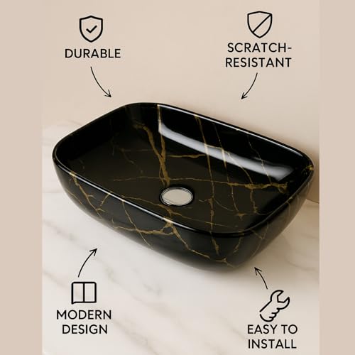 Image of Ceramic Tabletop Wash Basin - Glossy Rectangular Countertop Vessel Sink with Marble Finish for Bathroom & Vanity | Compact 18 x 13 x 5 Inch | Elegant Washbasin