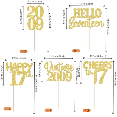 Image of 15 PCS 17th Birthday Centerpiece Sticks Seventeen Happy 17 Vintage 2009 Table Flower Centerpieces Sticks Cheers to 17 Fabulous Floral Decorations for 17th Birthday Party Supplies Gold