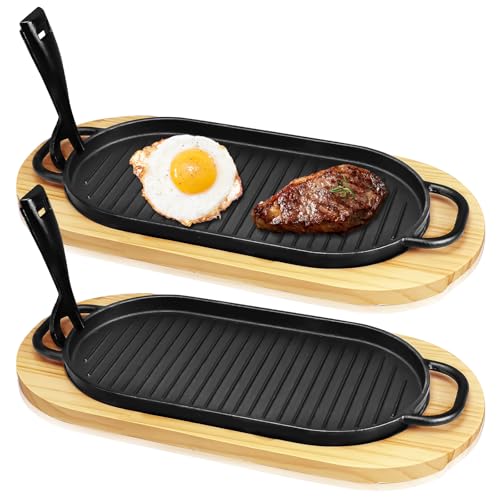 PQHIQ 2 Pcs Cast Iron Fajita Skillet Pan Set Wooden Base and Removable Handle Cast Iron Grill Frying Pan for Home Restaurant Kitchen Cooking