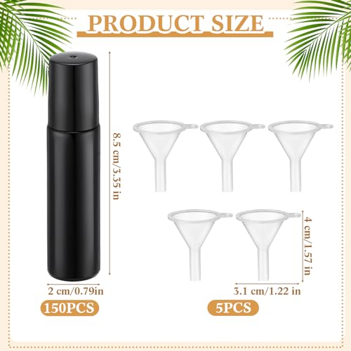 Image of Sumind 150 Pcs Essential Oil Roller Bottles 10 ml Glass Empty Roll on Bottles with Stainless Steel Balls Leak Proof with 5 Funnel for Travel Essential Oil(Black)