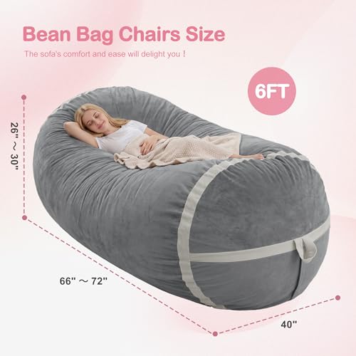 Image of 6FT Bean Bag Chair 6'Giant Bean Bag Chairs with Adults, Large Beanbag Chair | Bean bag Lounger with Machine Washable Cover Dutch Velvet Fabric, Comfy Chairs for Living Room, Bedroom, Dorm, Lightgrey