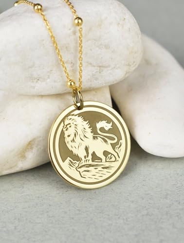 Collier pendentif lion en argent plaqué or, bijou médaille gravée 24 mm - 2