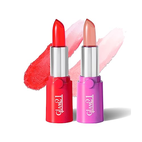 Image of Glam21 High Definition Lipstick | Lightweight & Ultra-Moisturizing Lip Color | Gel-Based Creamy Formula | Smooth Application & Vibrant Finish | Long-Lasting |3.6gm Each, Flame Red & Pink -Pack Of 2