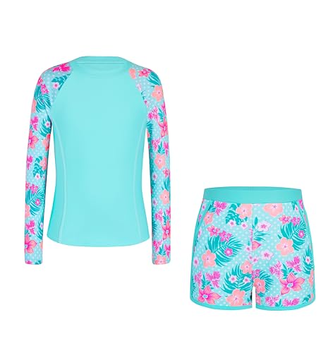 Image of Alakuoti Girls Rash Guard Swimsuit Two Piece Bathing Suit UPF 50+ Sun Protection Long Sleeve Swimwear 6-14 Years