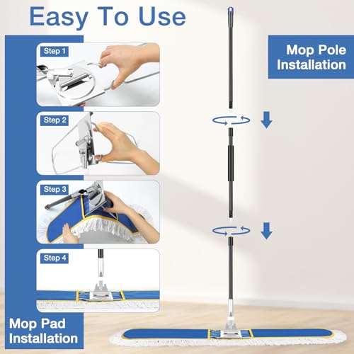 Image of CLDREAM 48 inch Large Commercial Industrial Dust Mop for Floor Cleaning | 2 Washable Cotton Mops Pads /Wet Dry Floor Duster Broom for Hardwood Floors Marble Laminate Tile Concrete Garage /Blue