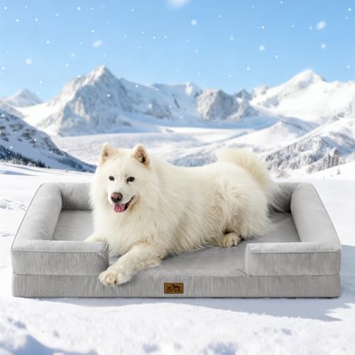 COZY KISS Cooling Dog Bed for Extra Large Dogs, Q-Max >0.4 Summer Cool Orthopedic Foam Pet Sofa Bed with Sides, Bolster Anti-Slip Couch with Washable Removable Cover, XXL 48x35x7.5 inch, Grey