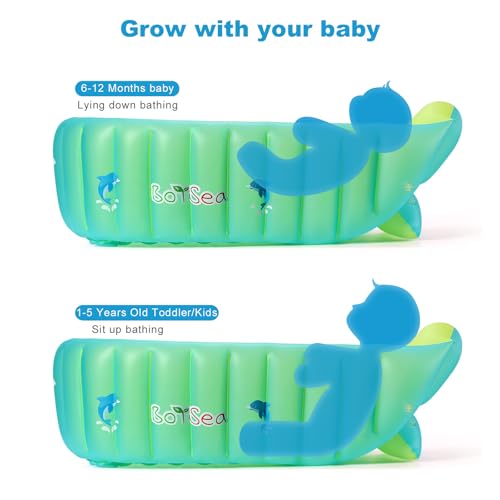 Inflatable Baby Bathtub, Boysea Toddler Bath Tub with Anti-Sliding Saddle Horn Helps Infants to Toddler Tub, Portable Travel Shower Basin with Air Pump, Back Support (Green) - Thumbnail 4