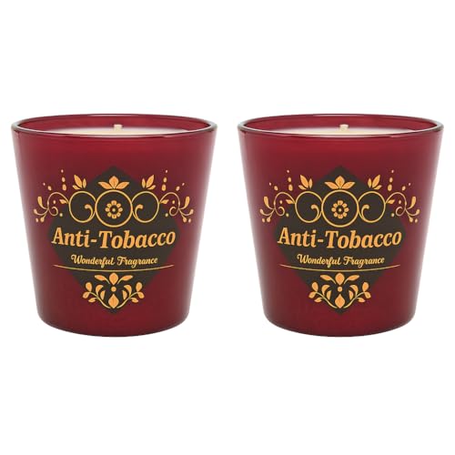 Dekohelden24 Juego de 2 velas aromáticas antitabaco, antitabaco, velas aromáticas antitabaco, velas en vaso antitabaco, 30 horas de combustión, cristal de color rojo vino, 115 g, diámetro 9 cm, altura