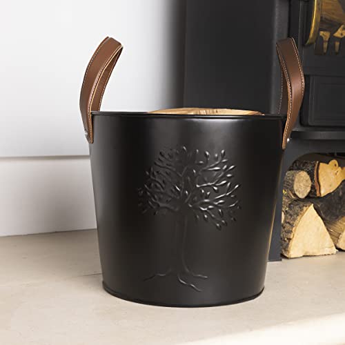 CHARLES BENTLEY Bucket Snug Mulberry Wood Bucket Timeless Style Iron Small Bucket 4kg Capacity Real Leather Iron Log Bucket Timeless Style Contrasting Colour Handles (46x45x36cm)