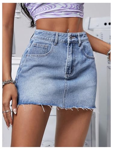 Floerns Saia jeans feminina casual cintura baixa bainha franja verão saias jeans, Azul, PP