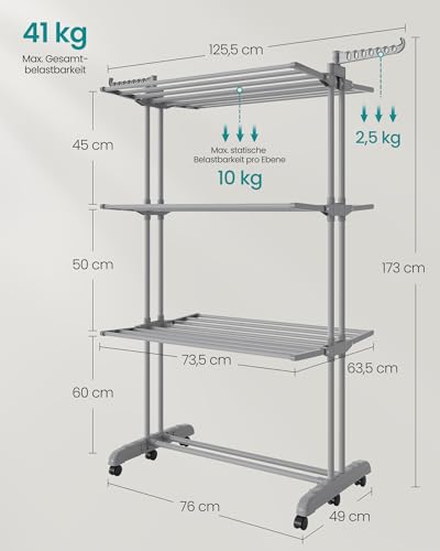 SONGMICS Wäscheständer, Standtrockner 4 Ebenen, Flügelwäscheständer, klappbare Flügel, mit Rollen, 63,5 x 125,5 x 173 cm, groß, einfacher Aufbau, Taubengrau LLR703G01