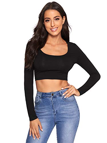 Verdusa Women's Casual Scoop Neck Long Sleeve Slim Fit Solid Crop Top Shirt Black L #TOP4