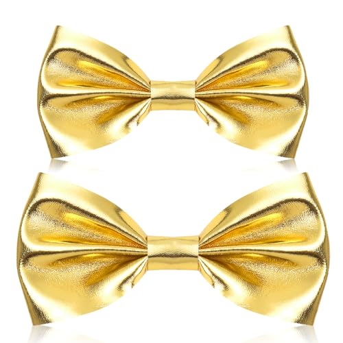 Neptniopllab Shiny Leather Bow Tie for Men Big Kid Glossy Metallic Pre-tied Bowtie for Teen Boy Girl Birthday Party (2*Gold)