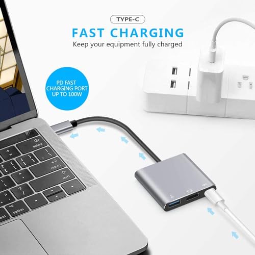 Image of USB HUB Type C to HDMI Hub 3 in 1 Adapter in Metal, Multi Port 4K HDMI, PD Charging Type C Port for MacBook, Chromebook, DELL,HP & Other Type C Phones & Devices (USB C to 3 in 1 HDMI HUB)