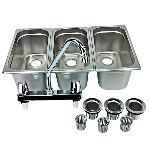 Standard 3-Compartment Drop-in Stainless Steel Concession Sink with Faucet Portable Stand Food Truck Trailer