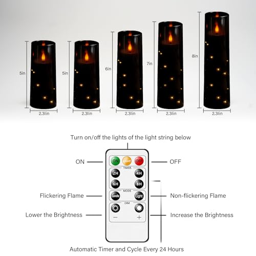 Image of kakoya Flameless LED Candles with Timer 5 Pc Flickering Flameless Candles for Romantic Ambiance and Home Decoration Stable Acrylic Shell,with Embedded Star String,Battery Operated Candles(Black)