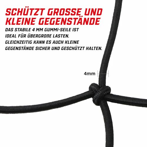 Pitlane Performance® Gepäcknetz 25x25 cm mit 6 Metallhaken Elastisches Helmnetz & Transportnetz, Universales Kofferraumnetz für Auto, Motorrad, Fahrrad - Sicherer Halt für Helme, Taschen & Gepäck