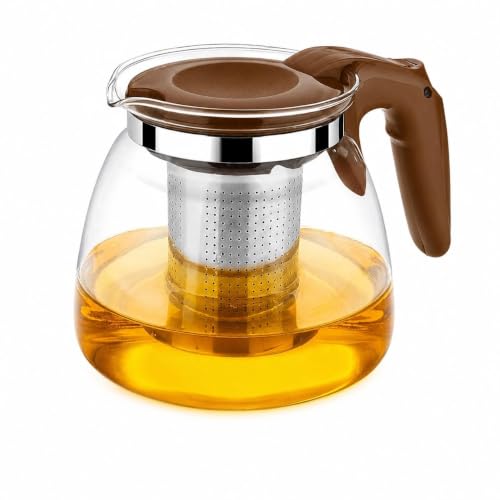 Image of Celvee Transparent Glass Teapot Set 1000ml with Stainless Steel Infuser & 4 Tea Cups | Heat Resistant Clear Tea Kettle Set | Tea Serving Set for Home, Office & Guests, Brown Handle (5 Pieces)