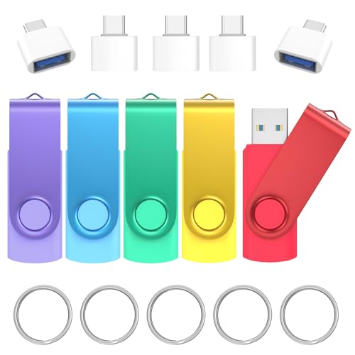Wooolken Pendrive USB 3.0 64GB (Pack de 5) – Pen Drives de Colores con Alta Velocidad + Adaptadores USB C y Llaveros – Memoria USB para Oficina, Escuela, Viajes, Backup