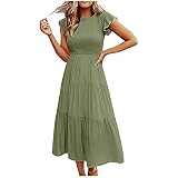 Women's Summer Ruffle Sleeve Dress Casual Smocked Solid Short Sleeve Dress Crewneck Pleated Flowy Ti