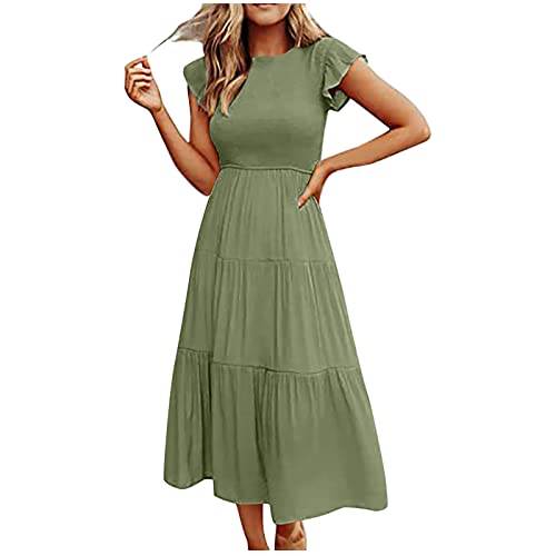 Vestido de verano para mujer, manga corta con volantes, vestido bohemio con cuello redondo, vestidos de sol a media pantorrilla, vestidos de playa, vestido acampanado con botones, #01 Verde, XXL