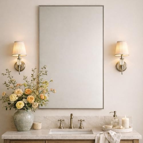 Image of TEHOME Brushed Nickel Bathroom Vanity Mirror with Squared Corners, 24x32'' Silver Rectangle Stainless Steel Metal Framed Mirror for Bathroom