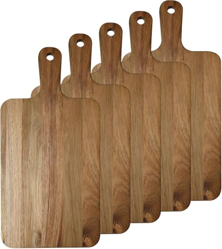5er Set Akazienholz Schneidebrett mit Griff 40x20 cm Massives Holzbrett Küche als Servierbrett Flammkuchenbrett & Brotzeitbrett Rustikales Küchenbrett für Tapas Käse & Pizza