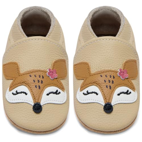 IceUnicorn Krabbelschuhe Baby Lauflernschuhe Jungen Mädchen Weicher Leder Babyhausschuhe Kleinkind Rutschfeste Lederschuhe Baby(Beige Fuchs, 12-18 Monate)