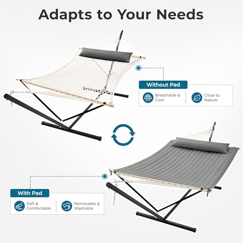 Image of SUPERJARE 12ft Double Hammock with Stand, Rope Hammock for 2 Person, Detachable Hammock Bed and Pillow, Portable, Anti-Tip Safety Ropes, Carry Bag, Outdoor Backyard Patio Camping, Gray