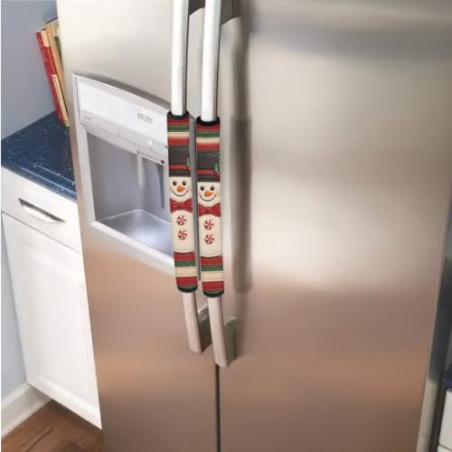 Image of Fridge Door Handle Covers Set of 6 Kitchen Appliance Decor Handles Glove Anti-Slip Refrigerator Decor for Christmas Winter Holiday, Red Green Snowman