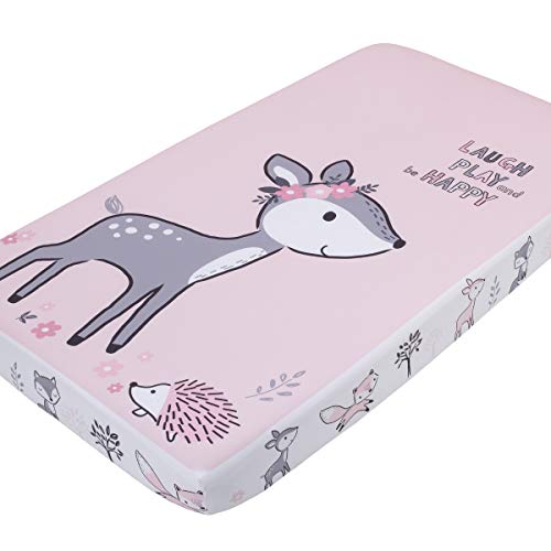 Little Love By Nojo Sweet Deer, Grey, Pink, White "Laugh Play And Be Happy" Photo Op Fitted Crib Sheet, Pink, Grey, White, Charcoal