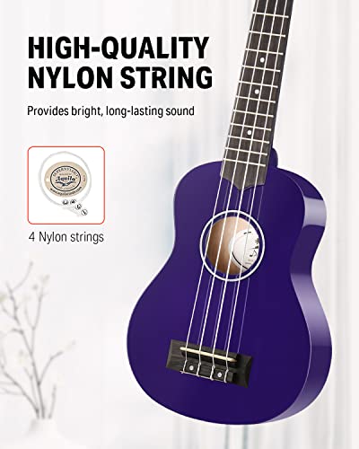 Image of Donner Soprano Ukulele for Beginners 21 Inch Ukelele Starter Bundle Kit with Free Online Lessons Bag Strap String Tuner Picks Cloth Ukalalee Yukalalee (Purple)