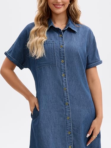 Image of Women's Midi Denim Dress Summer Short Sleeve Button Down Casual Loose Long Tunic Jean Shirt Dress