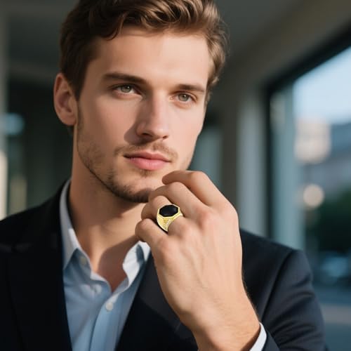 MRENITE Personalize 10k 14k 18k Gold Mens Onyx Rings, Natrual Black Gemstone Signet Band for Men, Geometry Vintage Pinky Thumb Ring Gift for Dad Father Him4