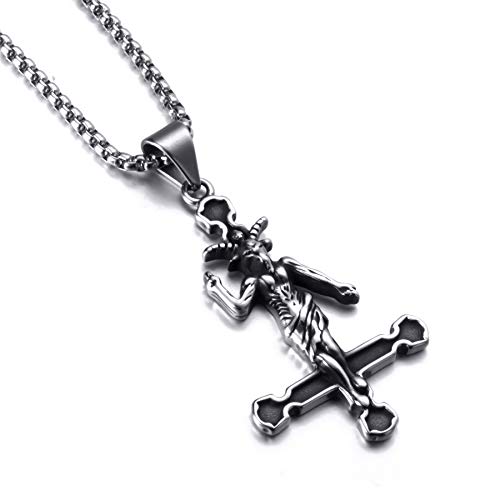Elfasio Men Stainless Steel Pendant Necklace Baphomet Goat Inverted Cross Jewelry Satanic Satan Demon Devil Lucifer Sulfur Pendants Chain 20Inch #TOP1