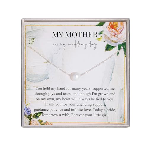 RareLove To My Mother on My Wedding Day,Mother of the Bride Gifts from Daughter Gifts for Mom Necklace 925 Sterling Silver Simple Pearl Necklace Wedding Jewelry