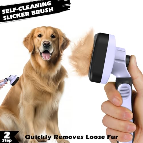 Image of Professional 3PCS Self Cleaning Slicker Brush & Pet Grooming Rake & Flea Comb for Dogs,Cats and Horses | Double-Sided Dematting Comb & Skin Friendly Deshedding Grooming Tool (Light Purple)