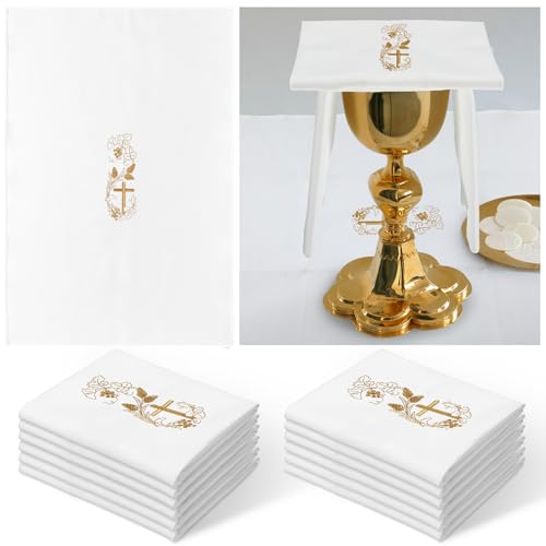 Fanfanwin 12 Pack of Embroidered Cotton and linen Purificator with Gold Cross Center Embroidered Purificators for Catholic Church Altar Cotton and linen Towel Catholic Communion Supplies, 12 x 18 Inch